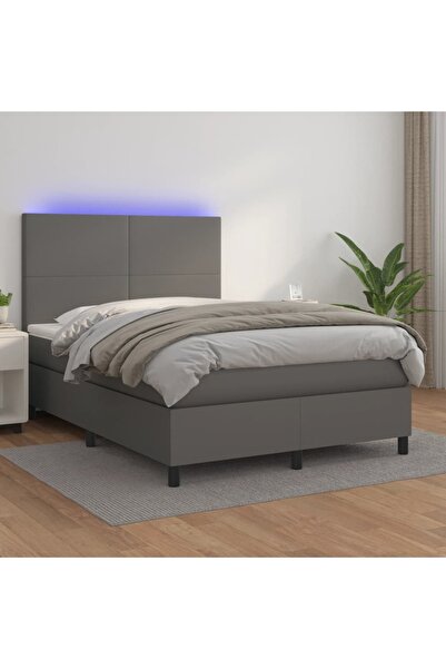 Concept Pat cu arcuri, cu saltea & LED, gri, 140x190 cm, piele
