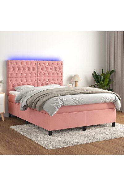 Concept Pat cu arcuri, cu saltea și LED, roz, 140x190 cm catifea