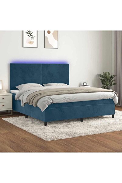 Concept Pat cu arcuri, saltea și LED, bleumarin, 160x200 cm, catifea