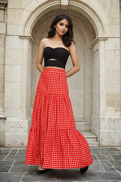 Borncelebs Two Piece Set of Red Gingham Checks Skirt and Black Top | Most Tre...