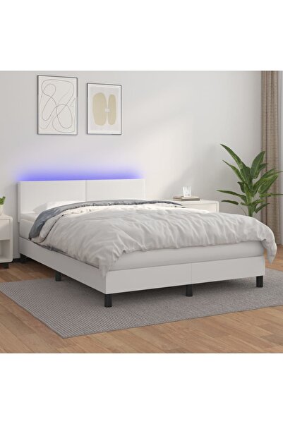 Concept Pat cu arcuri, saltea și LED, alb, 140x200 cm, piele