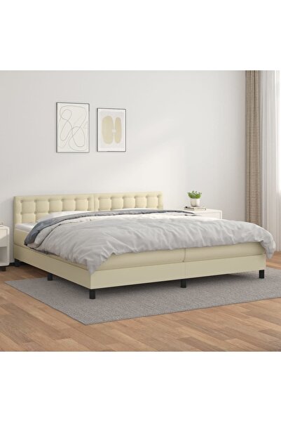 Concept Κρεβάτι Continental με στρώμα, κρεμ, 200x200 cm, οικολογικό Δερμάτινο