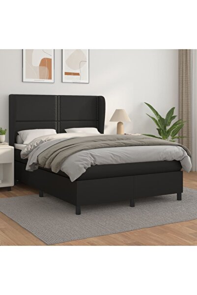 Concept Κρεβάτι με ελατήρια και στρώμα, μαύρο, 140x200 cm, οικολογικό Δερμάτινο