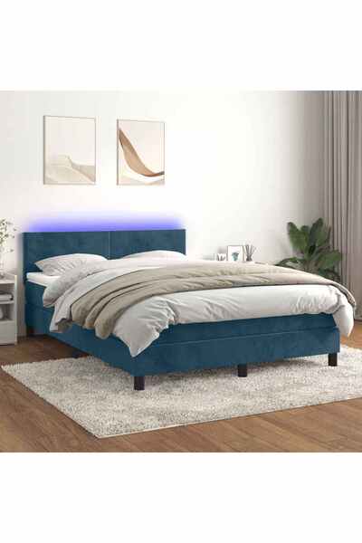 Concept Pat cu arcuri, saltea și LED, bleumarin, 140x190 cm, catifea