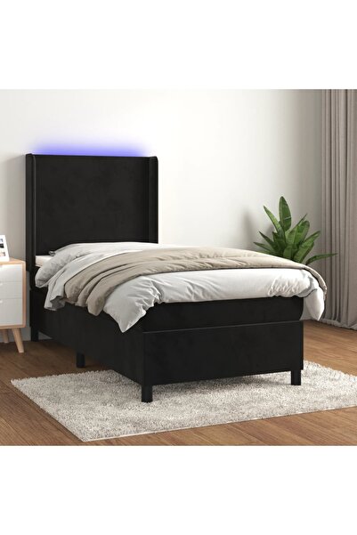 Concept Pat continental cu saltea și LED, negru, 80x200 cm, catifea