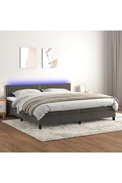 Concept Pat cu arcuri, saltea și LED, gri închis, 200x200 cm, catifea