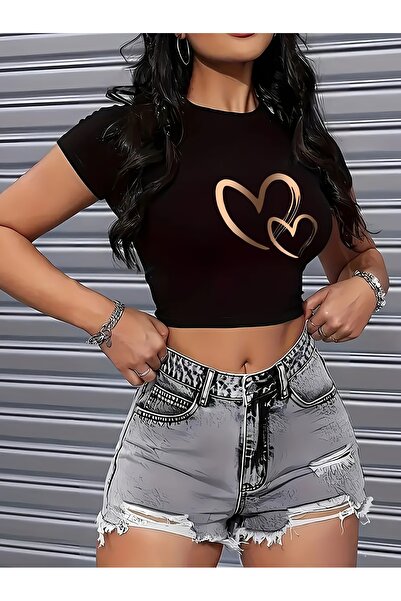 GALASHOP Trend Fashion, Heart-Shaped Women's Round Neck Short Sleeve Blouse