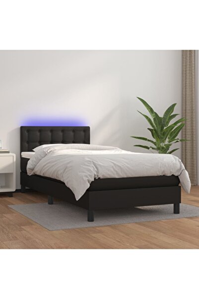 Concept Pat cu arcuri, saltea și LED, negru, 90x200 cm, piele ecologică