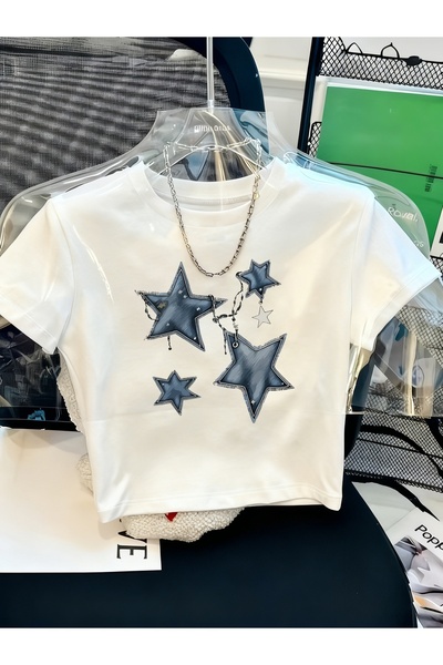 GALASHOP Kadınlar için kısa Günlük Yıldız Baskılı Yuvarlak Yaka Tişört