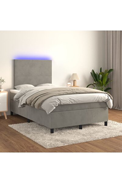 Concept Pat cu arcuri, saltea și LED, gri deschis, 120x200 cm, catifea