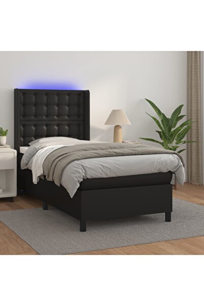 Concept Κρεβάτι με ελατήρια, στρώμα και LED, μαύρο, 90x200 cm, οικολογικό Δερ...