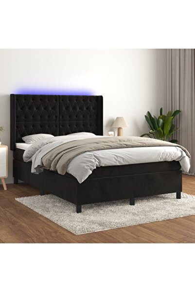 Concept Pat cu arcuri, saltea și LED, negru, 140x190 cm, catifea