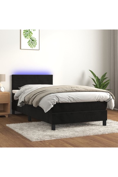 Concept Pat continental cu saltea și LED, negru, 80x200 cm, catifea