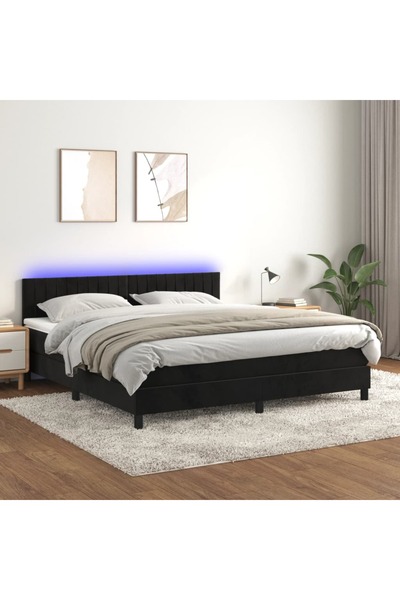 Concept Pat cu arcuri, saltea și LED, negru, 180x200 cm, catifea