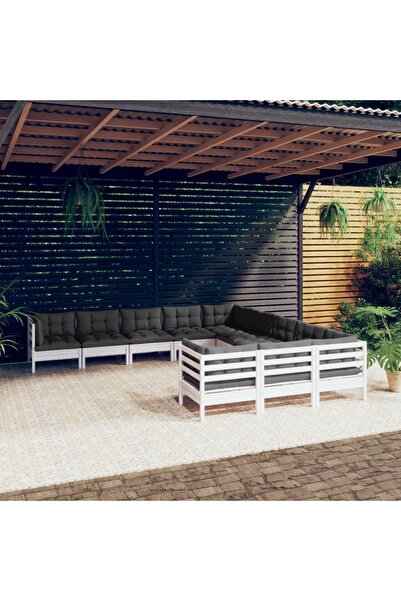 Concept Set mobilier grădină cu perne, 11 piese, alb, lemn de pin