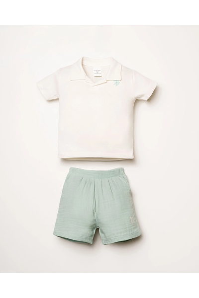 Rolypoly Baby Boy Shorts and T-Shirt Set - White-Mint