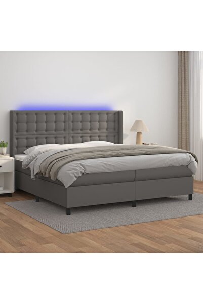 Concept Pat cu arcuri, saltea și LED, gri, 200x200 cm, piele ecologică