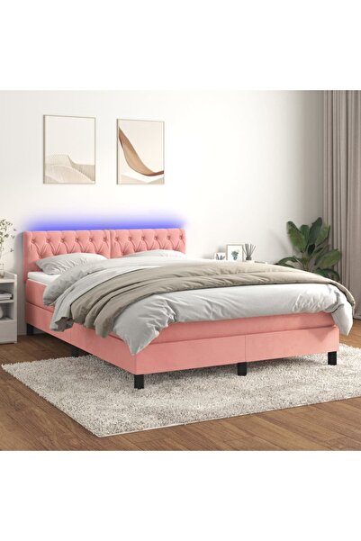 Concept Pat cu arcuri, cu saltea și LED, roz, 140x190 cm catifea