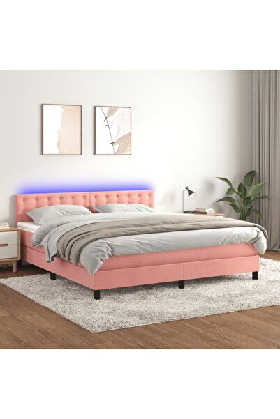 Concept Pat continental cu saltea & LED, roz, 180x200 cm, catifea