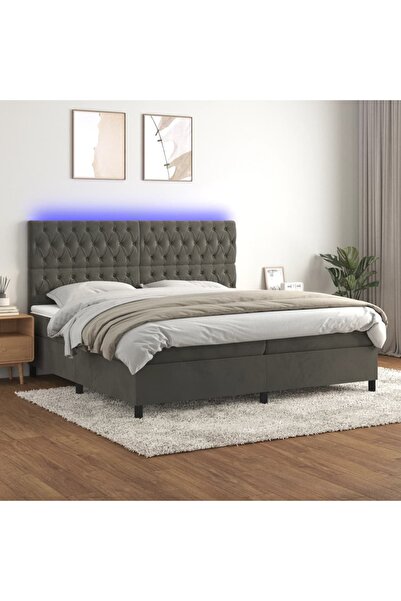 Concept Pat cu arcuri, saltea și LED, gri închis, 200x200 cm, catifea