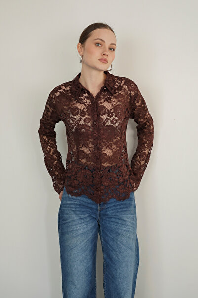 ASEDE Shirt Collar Long Sleeve Buttoned Premium Lace Shirt