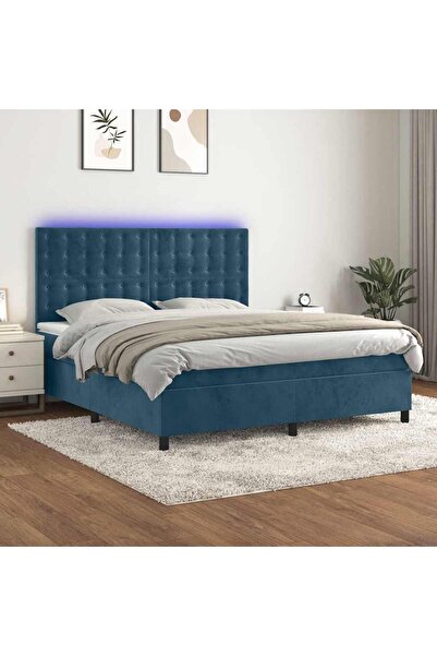 Concept Pat cu arcuri, saltea și LED, bleumarin, 160x200 cm, catifea