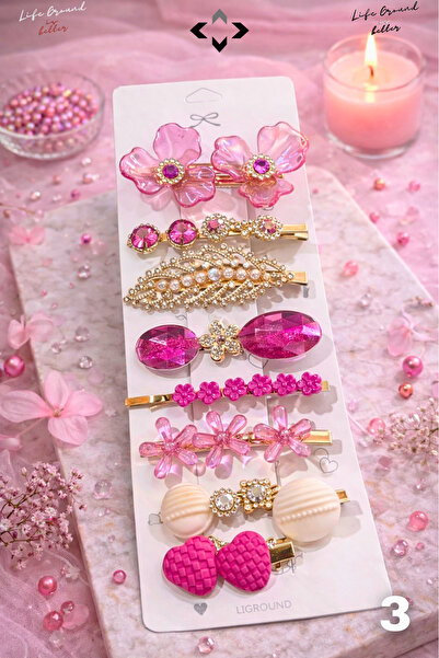 LİGROUND 8 Pcs Women's Hairpin Set Colorful Pearl Stone F Bow Detail Snap Buc...