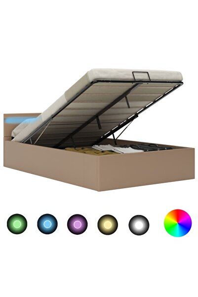 Concept Cadru pat hidraulic ladă LED cappuccino 140 x 200 cm piele