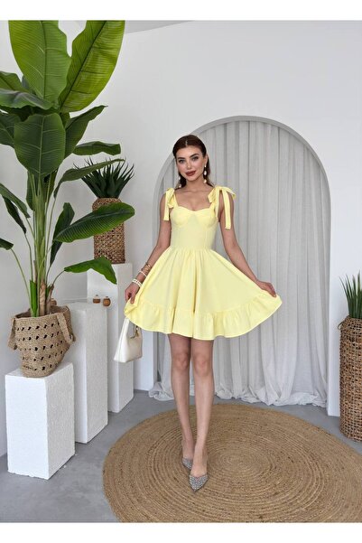 Miss Beyoğlu Women's Flared Mini Dress with Tie-Detail Panels on the Shoulder