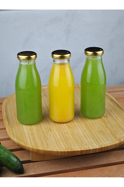 Qualitev 3 Pieces Glass Bottle Juice Ayran Detox Bottle 250 ml Gold Metal Cap...
