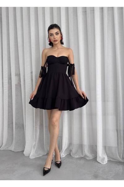 Miss Beyoğlu Women's Flared Mini Dress with Tie-Detail Panels on the Shoulder