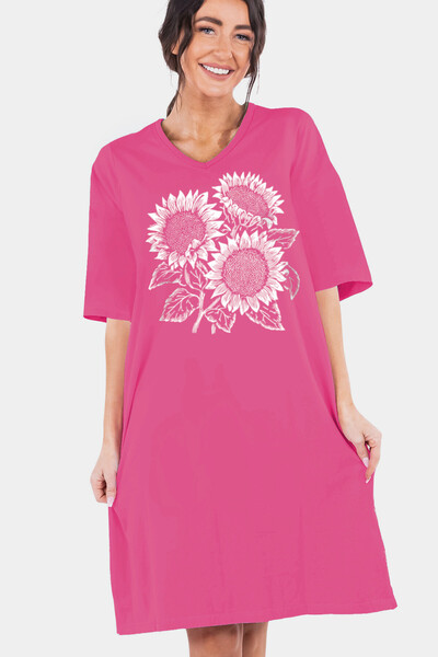 ROCKANDROLL فستان نوم مريح للمنزل بطول الركبة ونصف الأكمام وياقة على شكل حرف ...