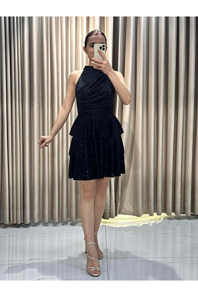 Kaleiçi Yıldızlar Siyah Simli Kumaş Mini Abiye Elbise |