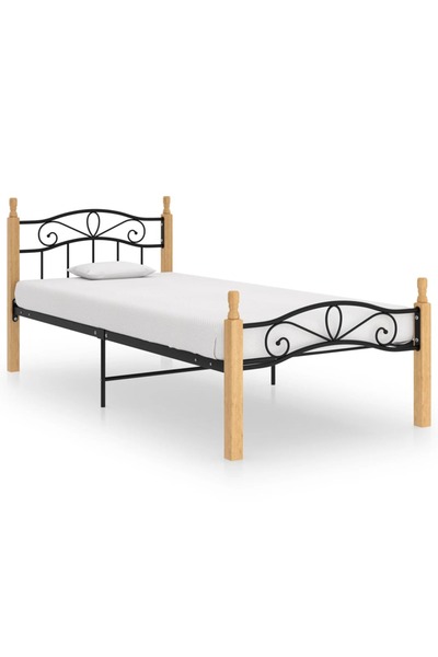 Concept Cadru de pat, negru, 90x200 cm, metal și lemn masiv de stejar