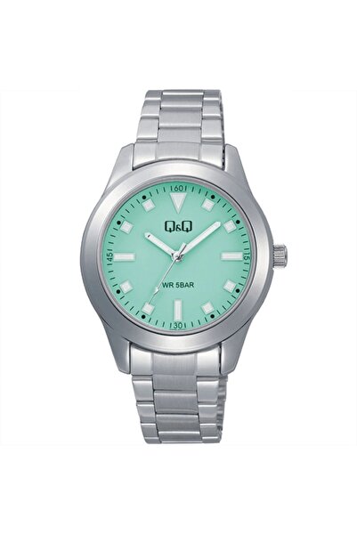Q&Q Watch Q35B-007PY, silver case, 38mm, green dial, silver steel bracelet