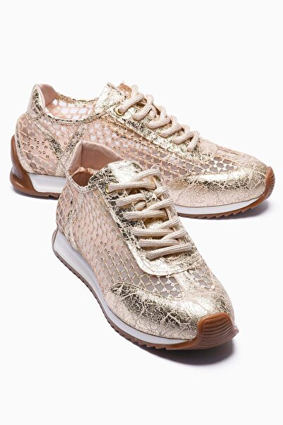 Mubiano Kadın Sneaker Pullu File Detaylı Parlak Günlük Spor Ayakkabı Alysa Altın