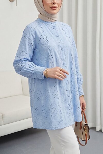 COjans Lace collar and sleeve buttoned top lined shirt - blue