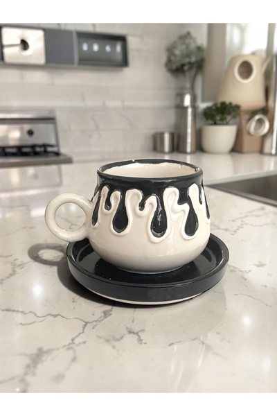 Artistic Quality Decorative Black Drop, Embossed Detailed Tea-Coffee Cup 1 Piece