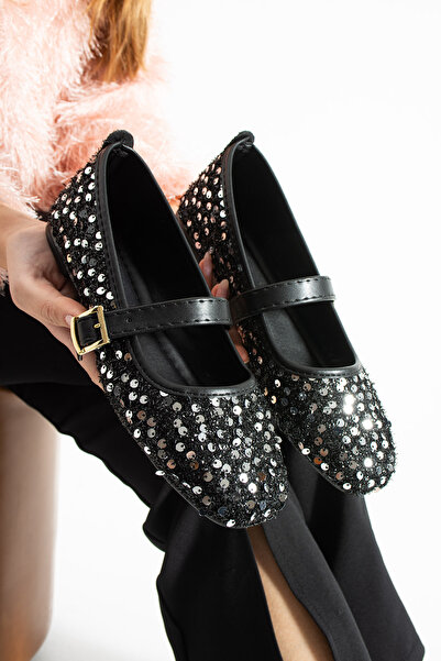 SUNSTEP Black Sequin Mary Janes Ballet Flats Buckled Stylish Daily & Evening ...