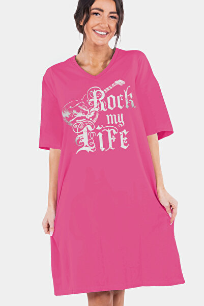 ROCKANDROLL فستان نوم مريح منزلي بطول الركبة ونصف الأكمام وياقة على شكل حرف V...