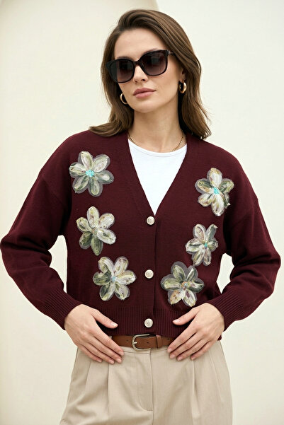 MODAQU Floral Motif Sequin Detailed Cardigan - Burgundy