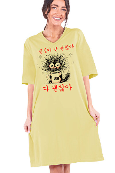 ROCKANDROLL Πρωινό καφέ ανοιχτό κίτρινο φόρεμα με λαιμόκοψη V, μισό μανίκι, μ...