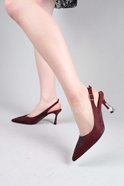 Birikon Narin Satin Heeled Shoes Bordo