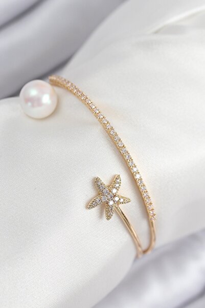 Inure Jewelry سوار نسائي من النحاس مرصع بحجر الزركون على شكل نجمة ولؤلؤة بالل...