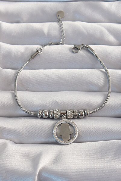 Inure Jewelry سوار يد فاطمة الأم مع إكسسوار حجر زركون فضي اللون من الفولاذ ال...