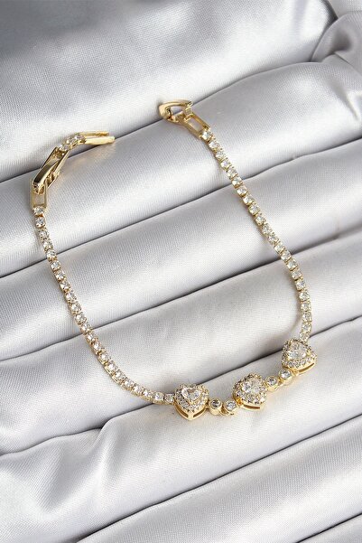 Inure Jewelry صف النحاس على شكل قلب حجر الزركون سوار ذهبي اللون للنساء