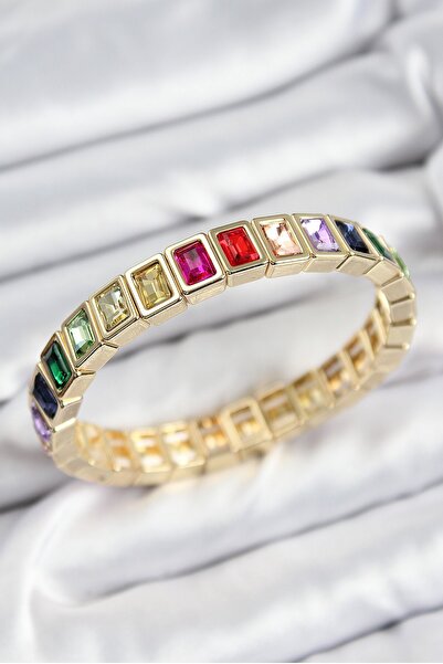 Inure Jewelry سوار نسائي مطاطي من النحاس مرصع بحجر الزركون مستطيل الشكل ذهبي ...