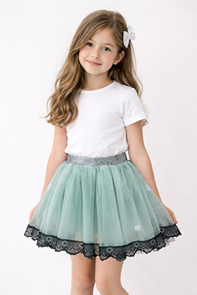 nacar çarşı Girl's Mint Green Lace Detailed Tulle Skirt April 23 October 29