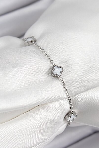 Inure Jewelry سوار نسائي من الفولاذ الأبيض برسيم موديل 316L فضي اللون