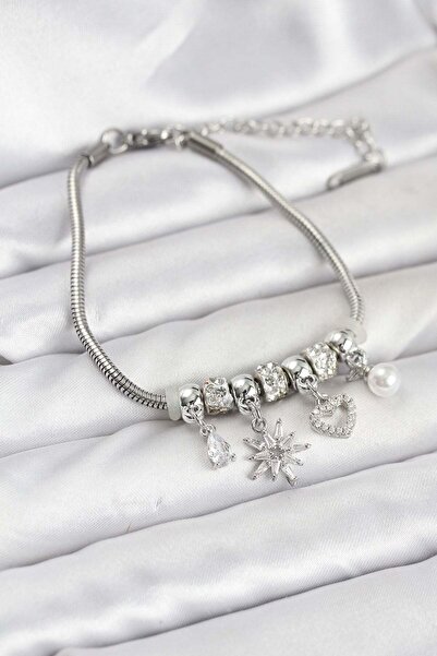 Inure Jewelry Brass Silver Color Women's Bracelet with Pole Star and Heart Ch...